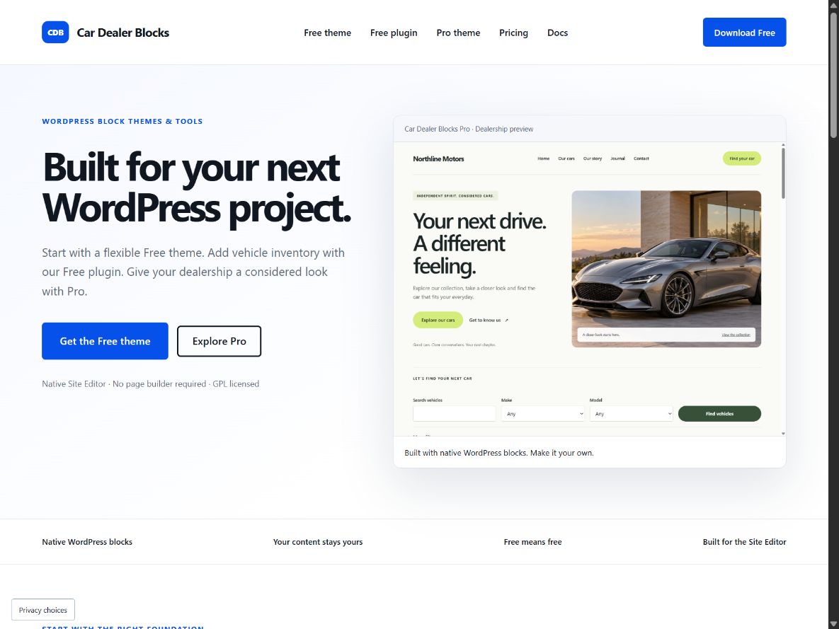 Car Dealer Blocks Free · This website. Actual theme screenshot with fictional demonstration content.