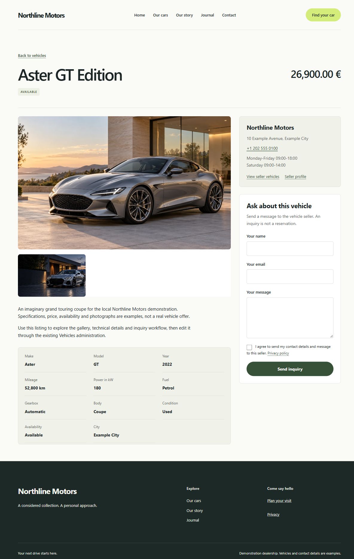 Free plugin · Vehicle detail in the Pro development preview. Actual theme screenshot with fictional demonstration content.